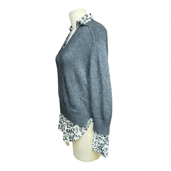 Brochu Walker Layered Wool Cashmere Sweater Dark Charccoal Leopard Print Size XS - Picture 4 of 8